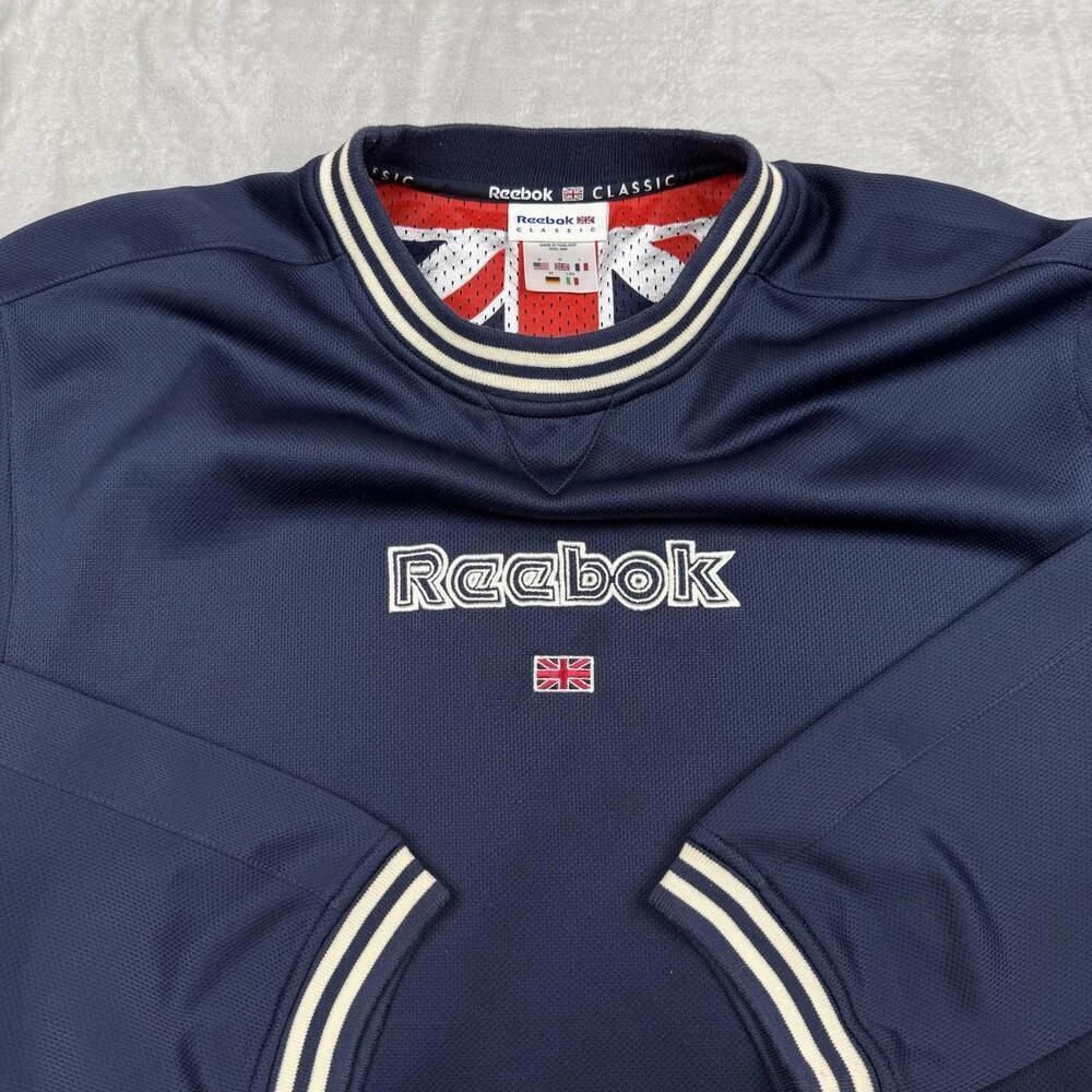 VTG Reebok Classic Navy Crewneck Sweatshirt Retro Logo British Flag Size M Y2K